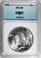 1922 PEACE SILVER DOLLAR, EMGC SUPERB GEM BU