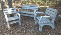 2 PLASTIC OUTDOOR CHAIRS & MATCHING BENCH