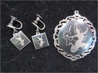 siam sterling clip earrings & pendant set