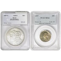 [2] 1902-O M$1, 1957 25C  PCGS/SEGS MS61/66