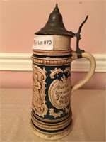 Pottery stein, relief, pewter lid, pub scene,