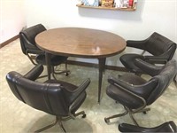 DINING TABLE, THREE ROLLING DINING CHAIRS WITH