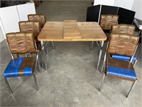 Metal base table w/ 2 leaves & 6 chairs