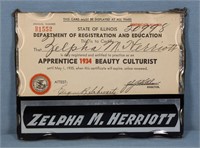 1934 Apprentice Beauty Culturist Certificate
