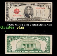 1928E $5 Red Seal United States Note Grades vf+