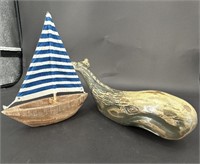Handcarved Wooden Whale & Sail Boat
