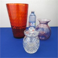 Signed Crystal Covered Jar & 2 Thumbprint Vases