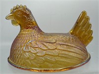 Hen on nest lid carnival glass