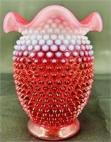 Large Fenton Cranberry Opal Hobnail Vase