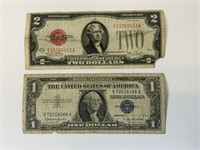 Red Seal $2. & Blue Seal $1. Bills