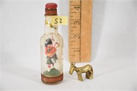 BRASS ANIMAL FIGURINE AND FIGURE IN BOTTLE