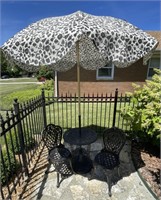 Iron Metal Patio Cafe Table, Chairs w/ Umbrella