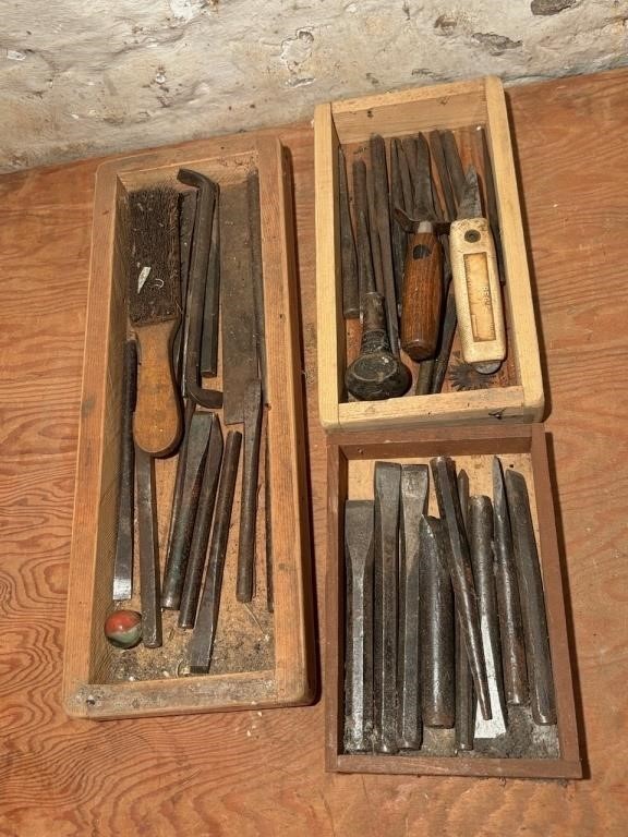 Three Wooden Trays of Metal Punches