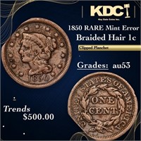 1850 Braided Hair Large Cent RARE Mint Error 1c Gr