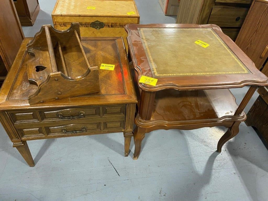 2-TIER LEATHER TOP SIDE TABLE, WOODEN END TABLE,