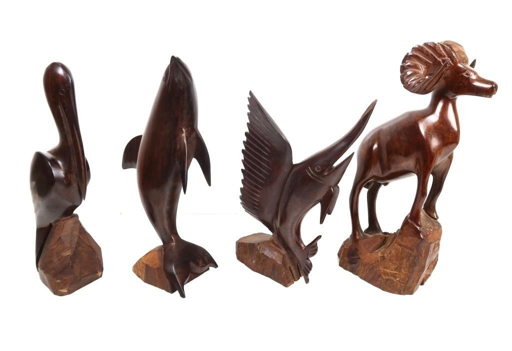 4 LARGE CARVED WOODEN ANIMAL FIGURES