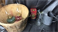 Garden basket with 2 oil lamps,water can, milk