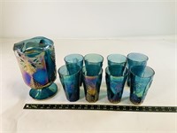 9pcs iridescent  carnival glass pitcher & cup set