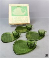 Green Glass "Daisy & Button" Luncheon Plates &