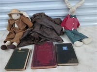 2 rabbit dolls, three old books, curtains