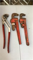 2 Pipe Wrenches and Channel Lock Pliers Fuller