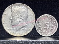 1966 Kennedy 40% Half Dollar & a Shield Nickel