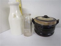 Milk bottles & stone ware bowl