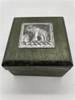 Small Wood Square Trinket Box With Metal Elephant