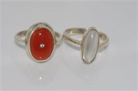 Two silver rings - carnelian and moonstone