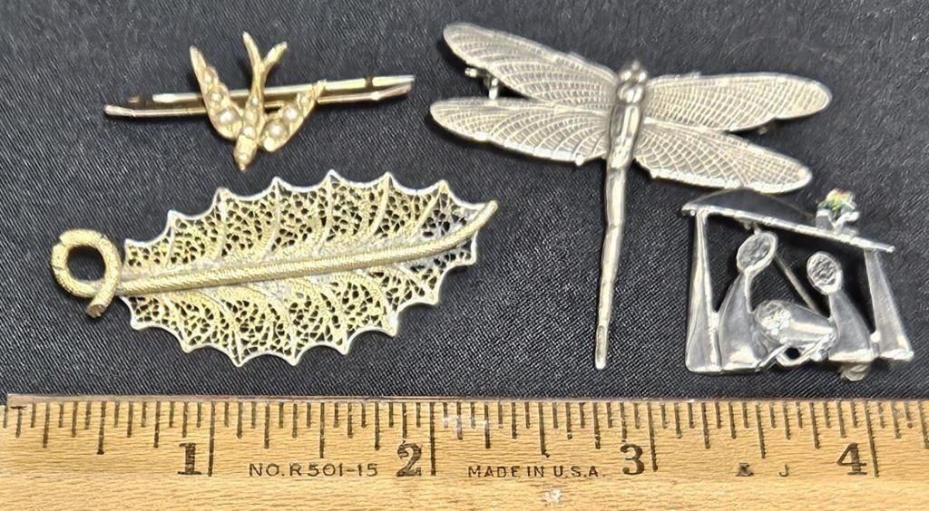 4 Sterling Silver Pins - 1 is marked .325