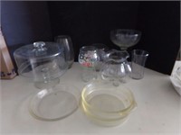 Glass cake plate, compote, vases and more