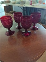 4 pc set glasses,  red hobnail. One with chip on