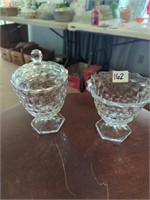 2 pc fosteria glassware on pedestal. One with lid