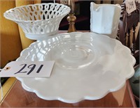 Milk Glass Cake Pedestal, Lattic Bowl, WM Pitcher*