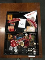 Metal box w assorted boy scout items