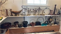 Two shelf lots of brass work items, candlesticks,