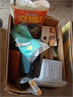 box with gardening items, tools and misc