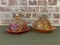 Pair Of Carnival Glass Butter Dishes