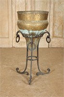 Hammered Brass Planter on Wrought Iron Stand