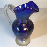 IRIDESCENT BLUE GLASS PITCHER APPLIED CLEAR HANDLE