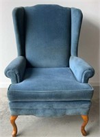 Mid Century Blue Upholstered Wing Back Chair W/