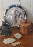 Wolf  wall clock, arrowheads, bear coasters, stein