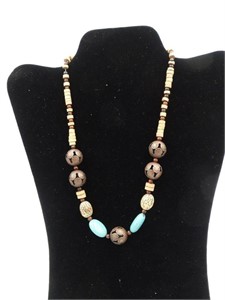 18" Wood Tones & Turquoise Colored Necklace