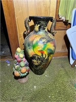 Large Painted Vase And Ceramic Fruit Topiary