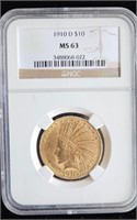 Graded 1910 D $10 Gold Coin