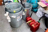 (3) Gas Cans; (3) Galvanized Trash Cans