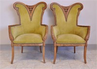 PAIR OF CARVED & UPHOLSTERED FIRESIDE CHAIRS
