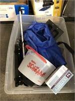 Tub of misc--exam gloves, drawer slides samples,