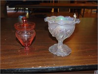 Opalescent Carnival Glass Dish & Pink Mustard Jar