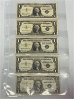 5 - 1957B one dollar silver cert. notes